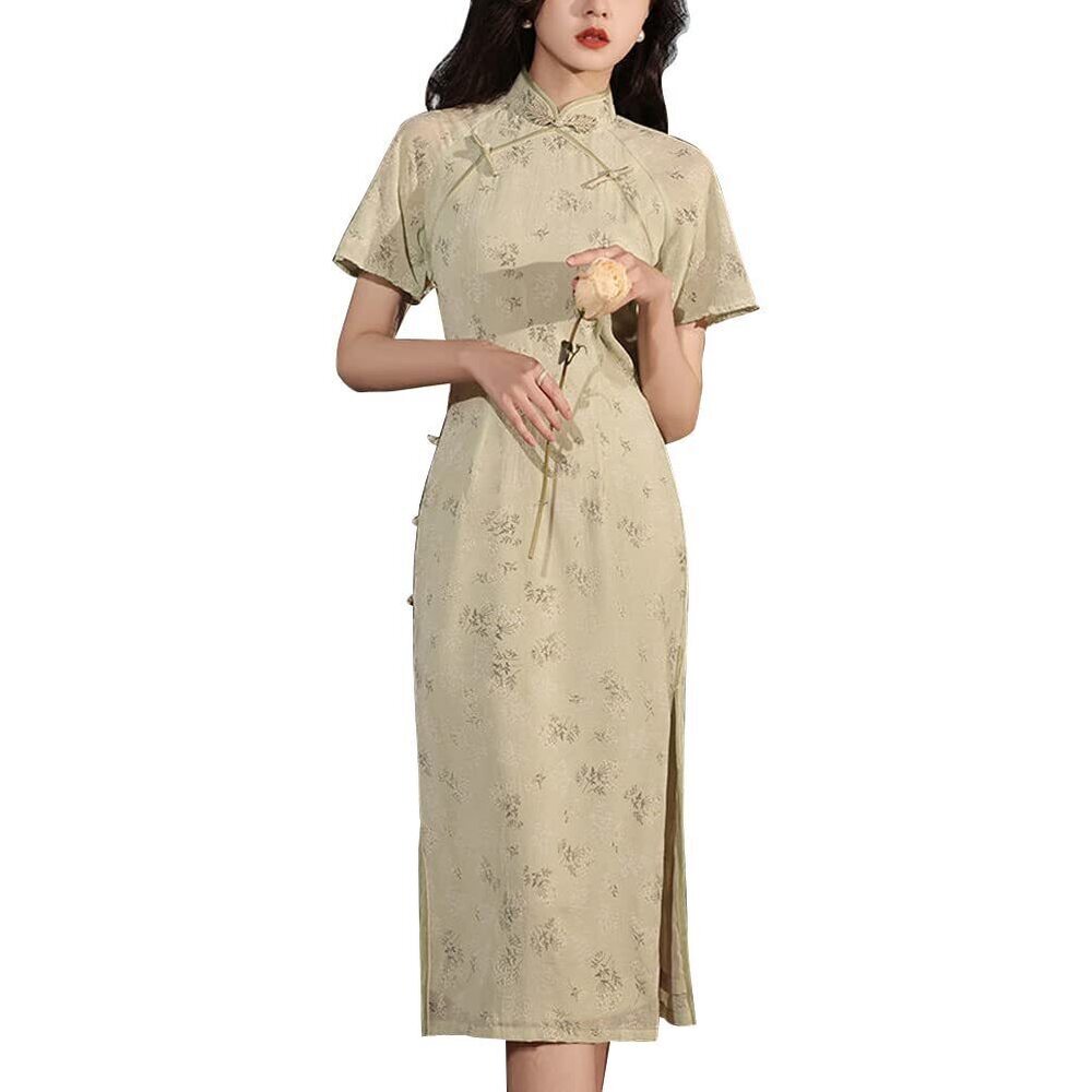 4987 Elegent Chinese Cheongsam Floral Short Sleeve Side Slit Slim Fit Qipao